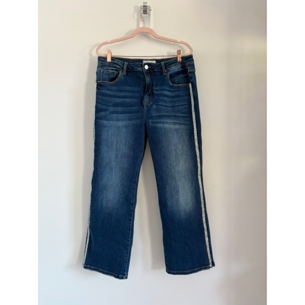 Risen Jeans Womens High Rise Straight Leg Rhinestone Side Stripe Blue Denim 1XL - Picture 6 of 6